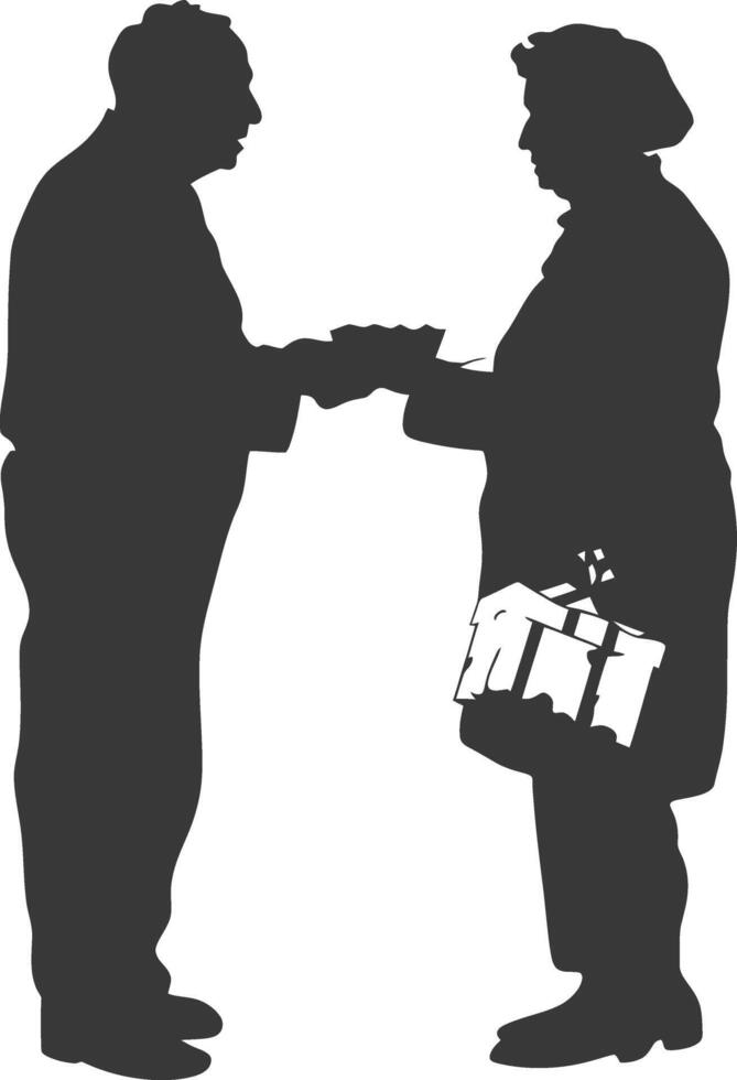 AI generated Silhouette elderly couple exchanging gifts black color only vector