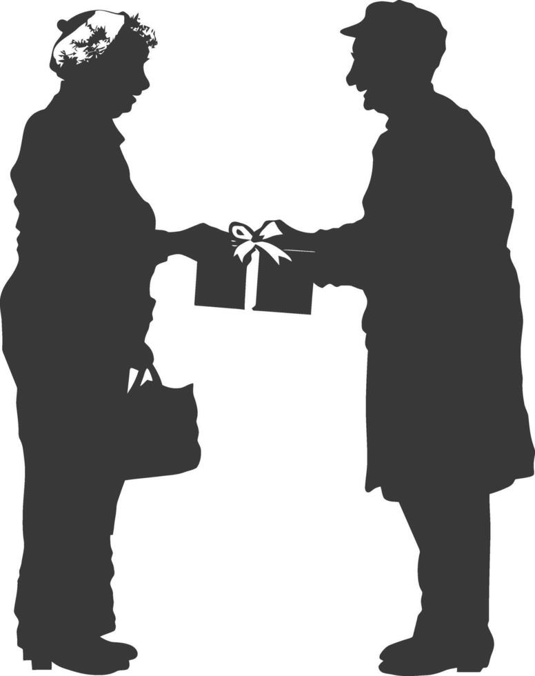 AI generated Silhouette elderly couple exchanging gifts black color only vector