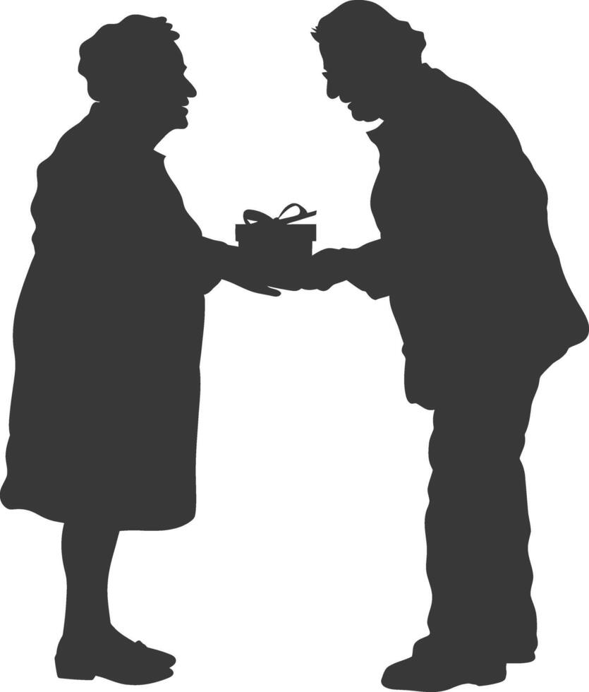 AI generated Silhouette elderly couple exchanging gifts black color only vector