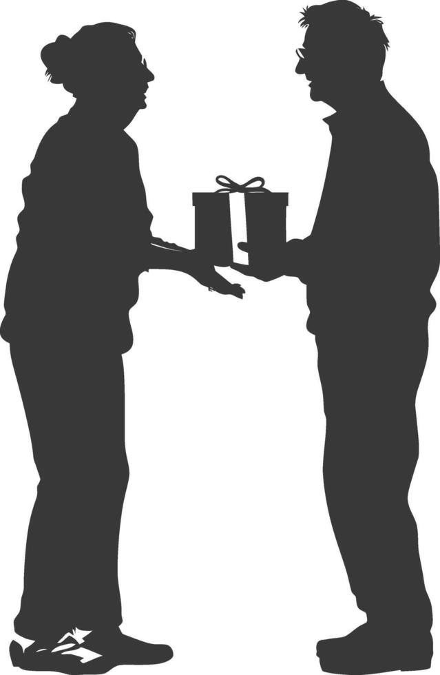 AI generated Silhouette elderly couple exchanging gifts black color only vector