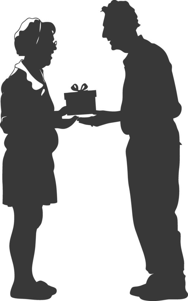 AI generated Silhouette elderly couple exchanging gifts black color only vector