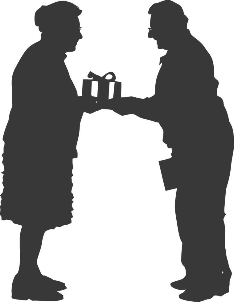 AI generated Silhouette elderly couple exchanging gifts black color only vector