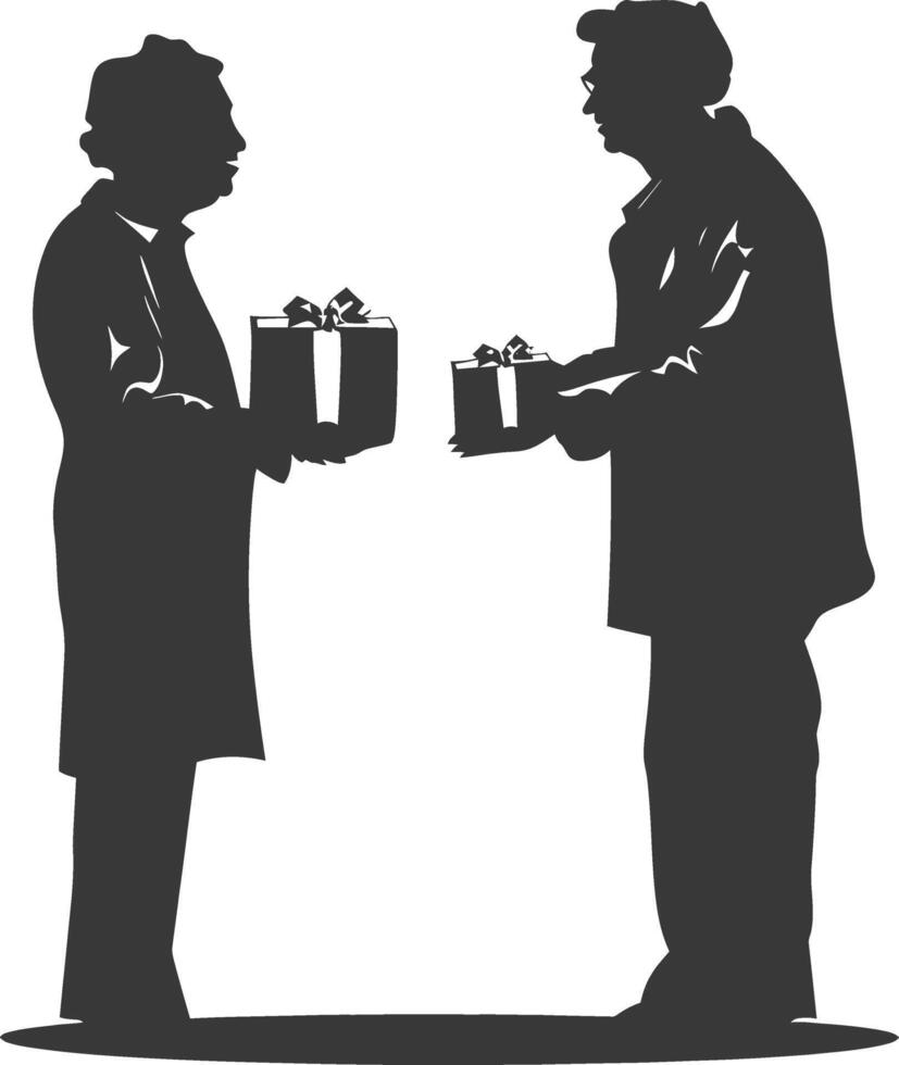 AI generated Silhouette elderly couple exchanging gifts black color only vector