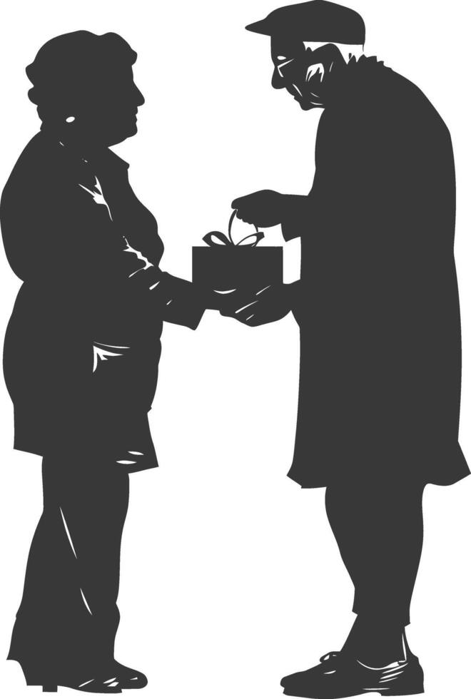 AI generated Silhouette elderly couple exchanging gifts black color only vector