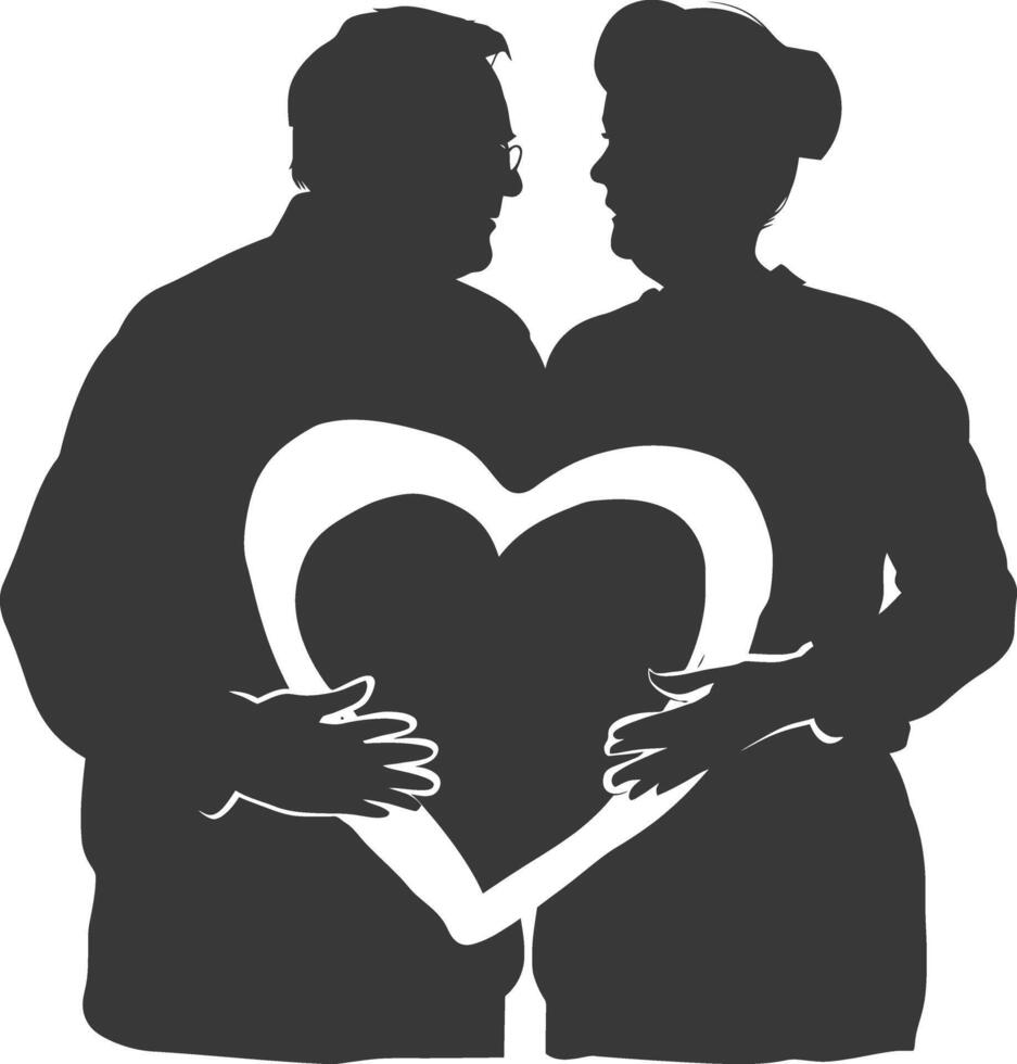 AI generated Silhouette elderly couple holding heart symbol black color only vector