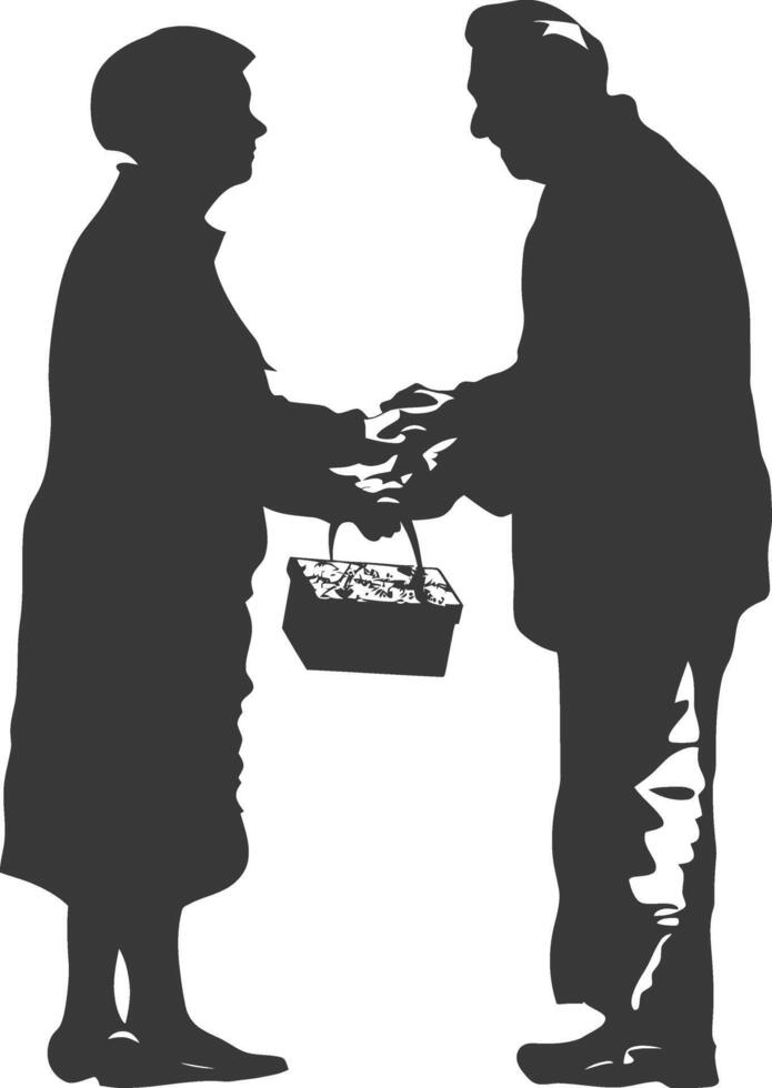 AI generated Silhouette elderly couple exchanging gifts black color only vector