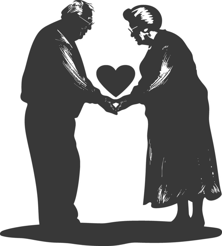 AI generated Silhouette elderly couple holding heart symbol black color only vector