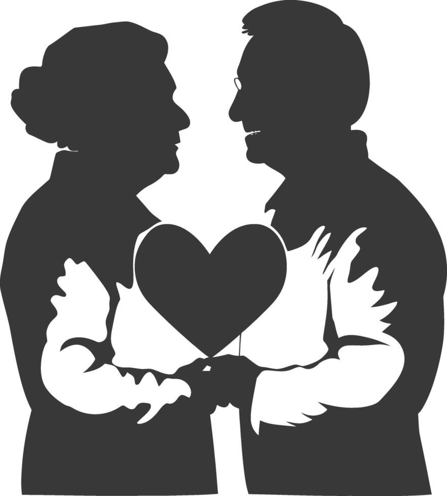 AI generated Silhouette elderly couple holding heart symbol black color only vector