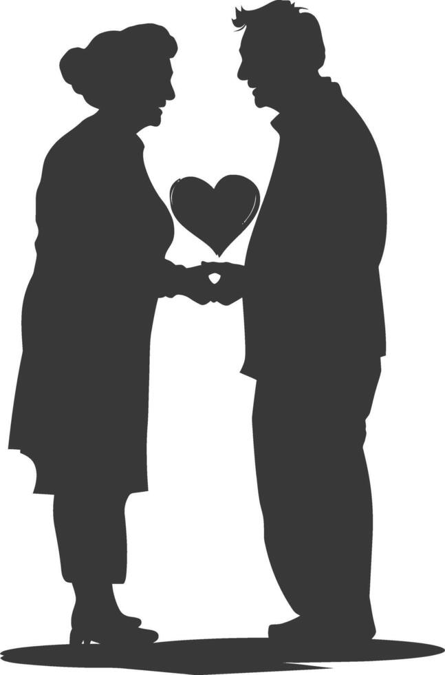 AI generated Silhouette elderly couple holding heart symbol black color only vector