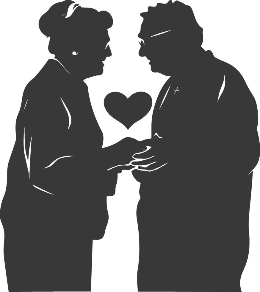 AI generated Silhouette elderly couple holding heart symbol black color only vector