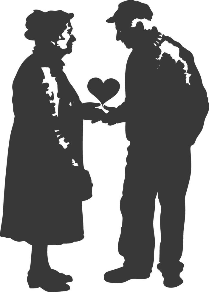 AI generated Silhouette elderly couple holding heart symbol black color only vector