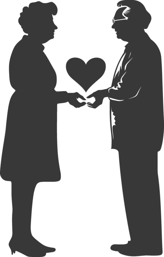 AI generated Silhouette elderly couple holding heart symbol black color only vector
