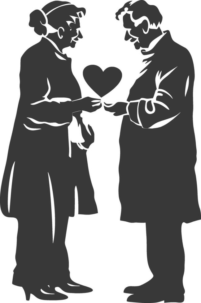 AI generated Silhouette elderly couple holding heart symbol black color only vector