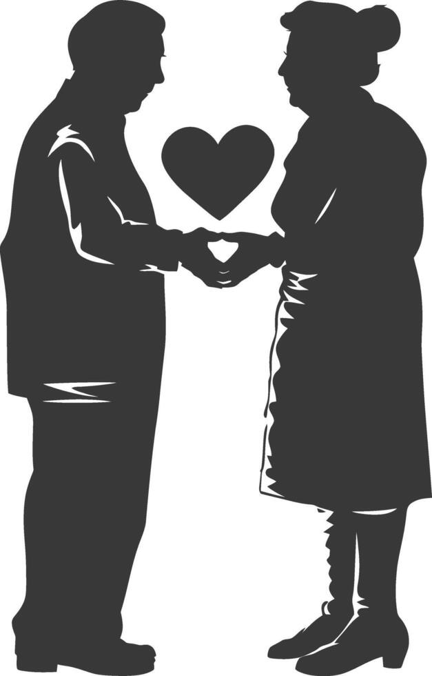 AI generated Silhouette elderly couple holding heart symbol black color only vector