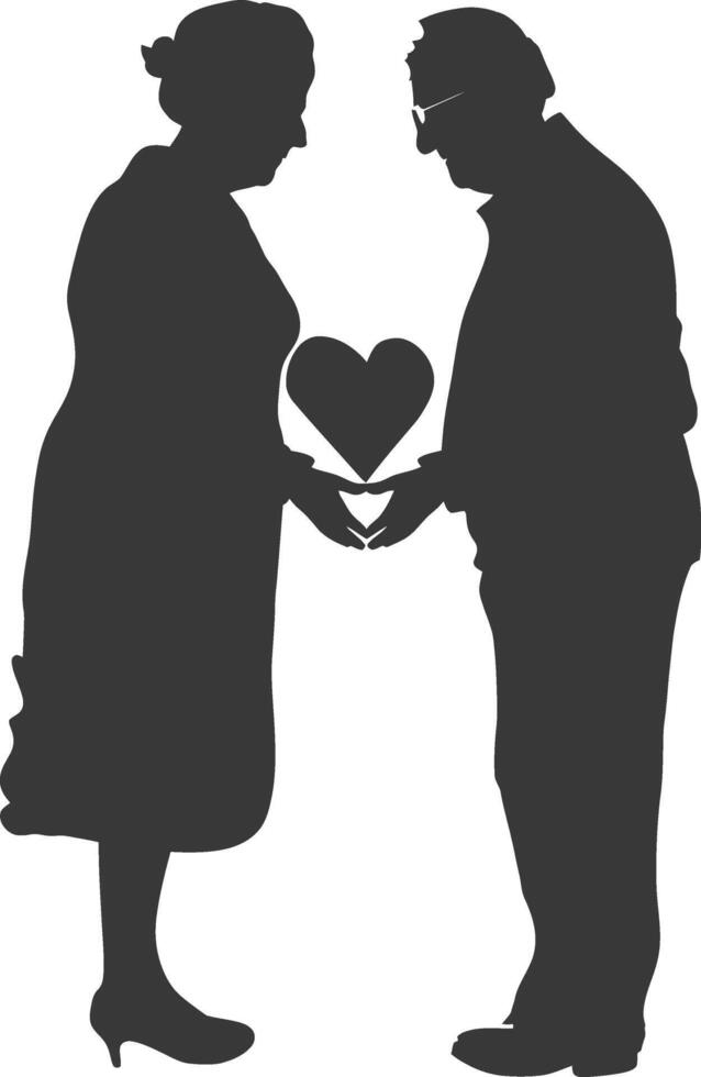 AI generated Silhouette elderly couple holding heart symbol black color only vector