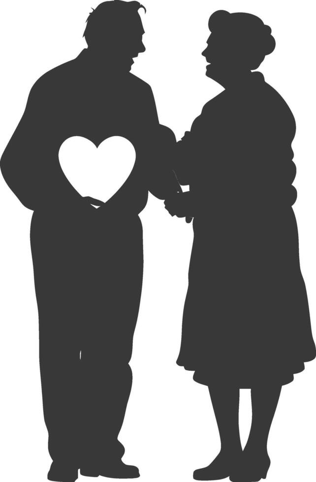 AI generated Silhouette elderly couple holding heart symbol black color only vector