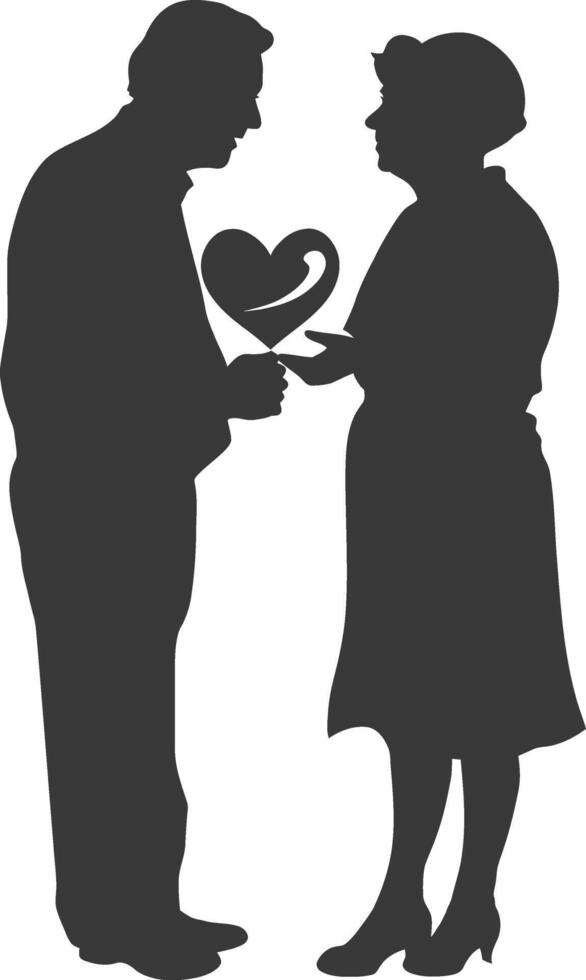 AI generated Silhouette elderly couple holding heart symbol black color only vector