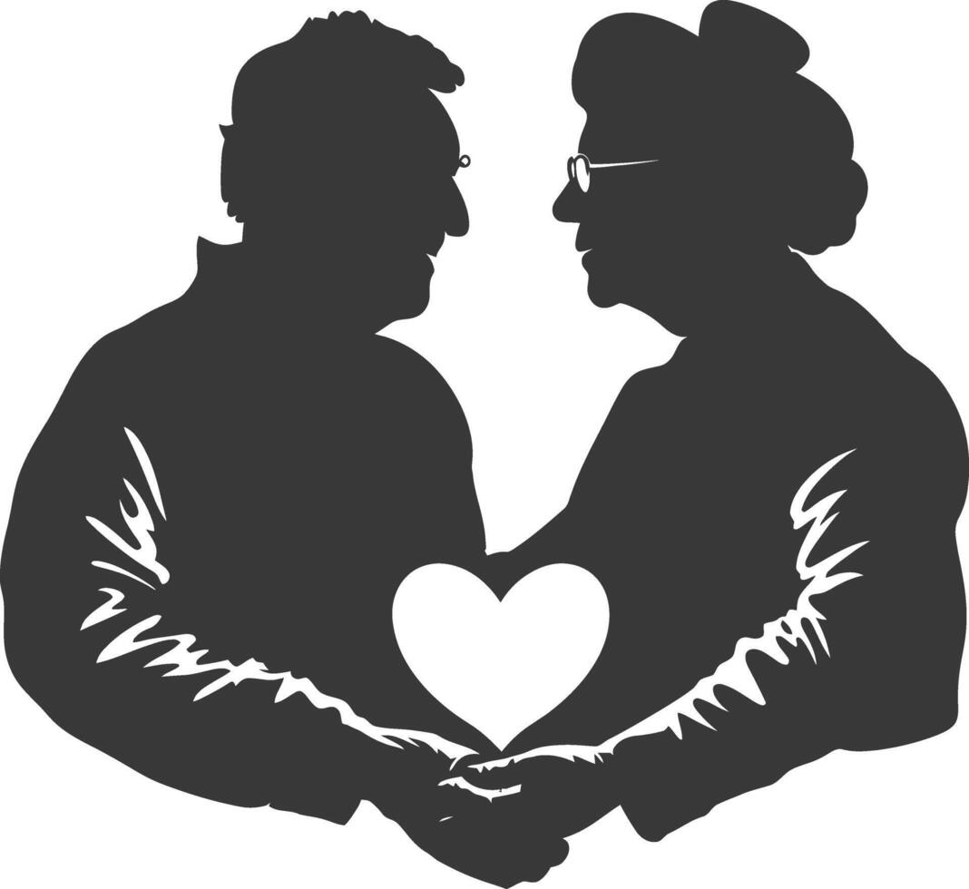 AI generated Silhouette elderly couple holding heart symbol black color only vector