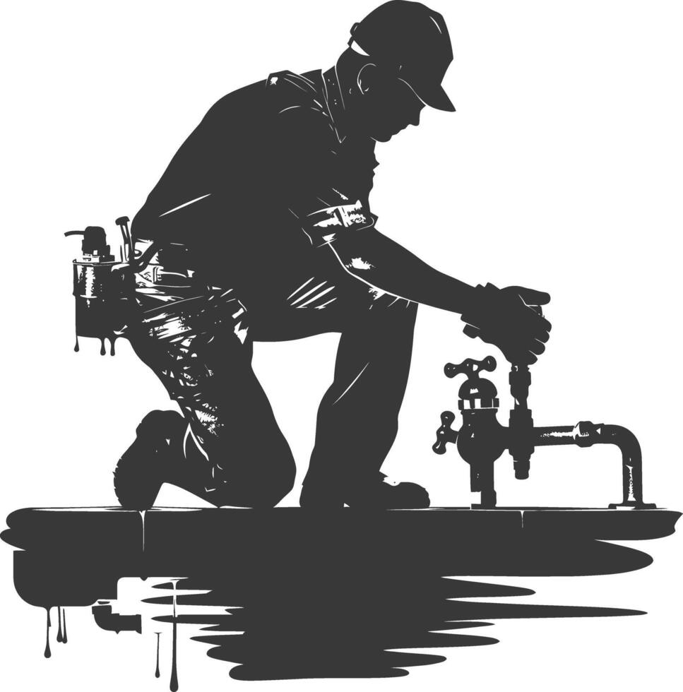 Silhouette Plumber in action full body black color only vector