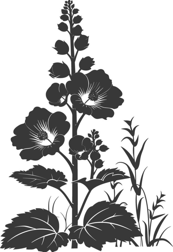 Silhouette hollyhocks flower in the ground black color only vector