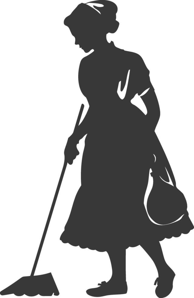 Silhouette housekeeper in action full body black color only vector