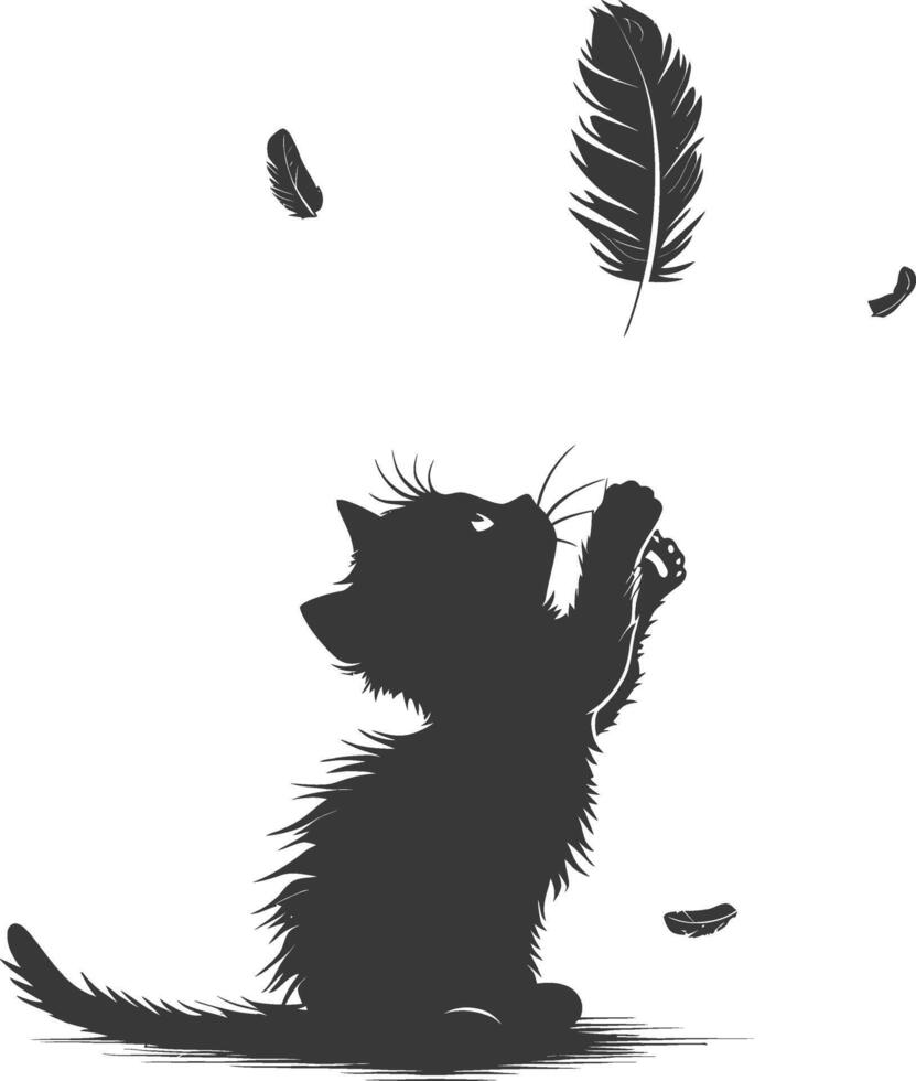 Silhouette kitten animal playing feather black color only vector