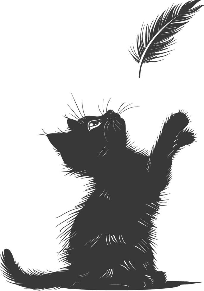 Silhouette kitten animal playing feather black color only vector