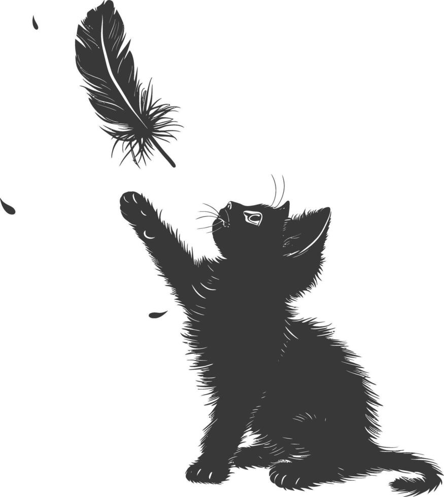 Silhouette kitten animal playing feather black color only vector