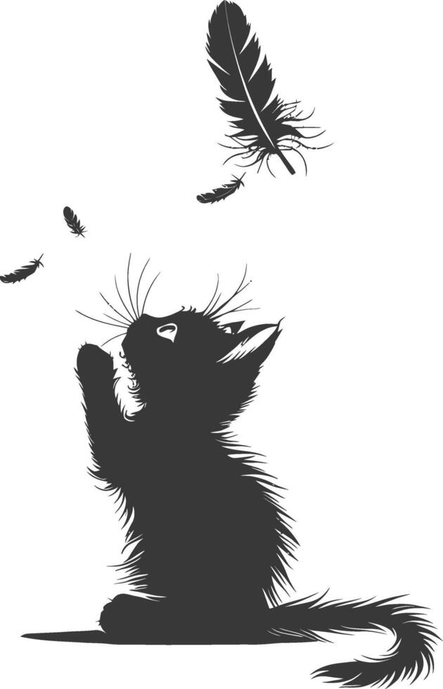 Silhouette kitten animal playing feather black color only vector