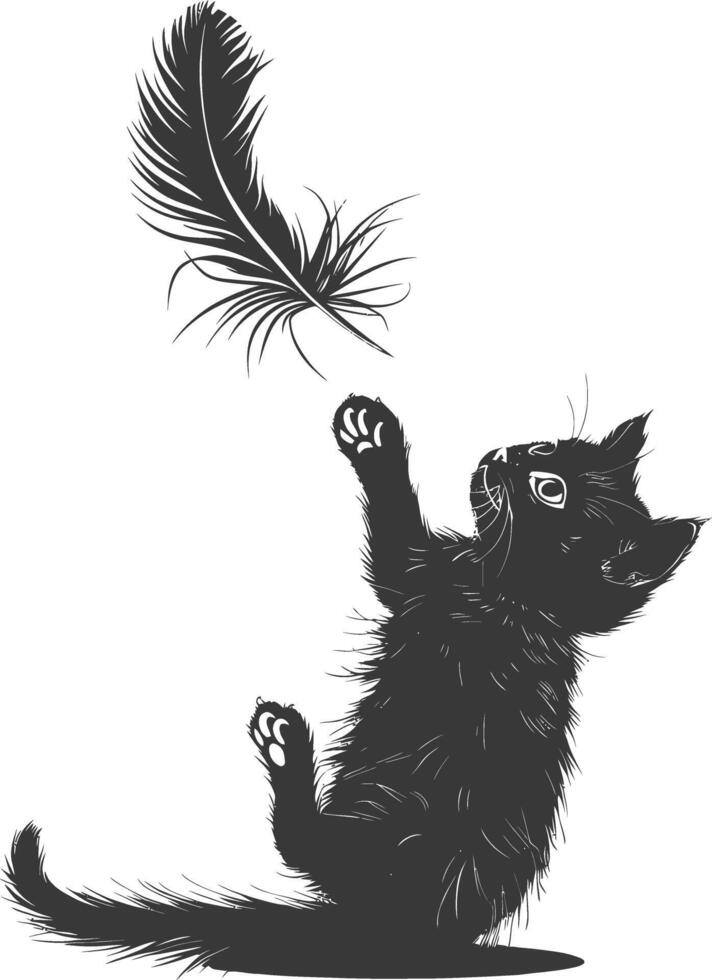 Silhouette kitten animal playing feather black color only vector