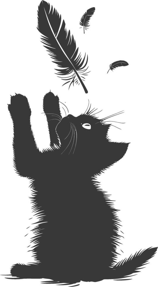 Silhouette kitten animal playing feather black color only vector