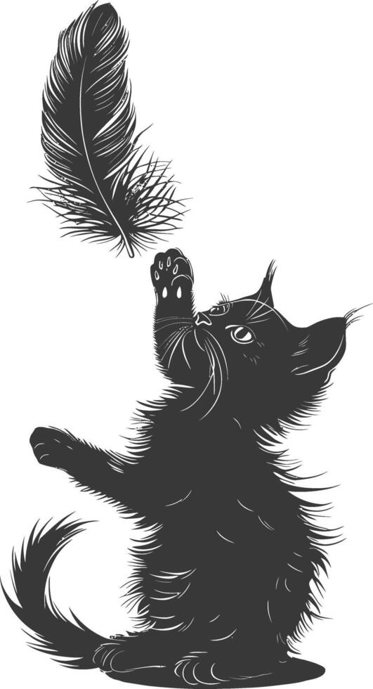 Silhouette kitten animal playing feather black color only vector