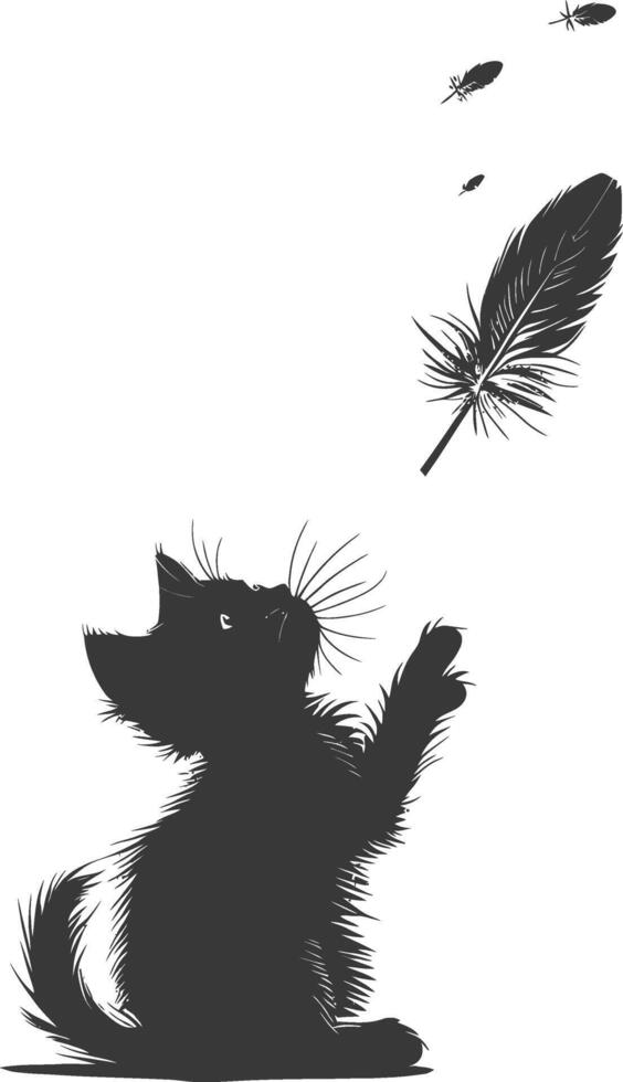 Silhouette kitten animal playing feather black color only vector