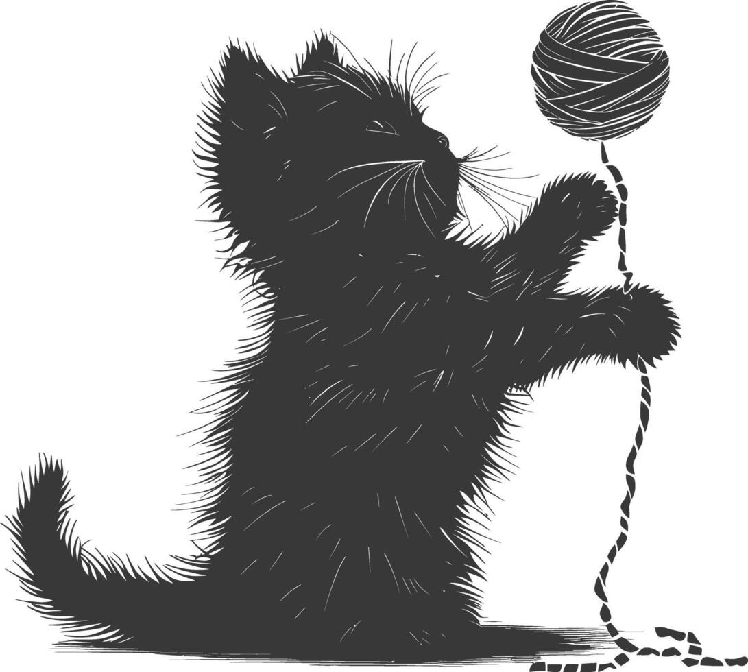 Silhouette kitten animal playing woll roll black color only vector