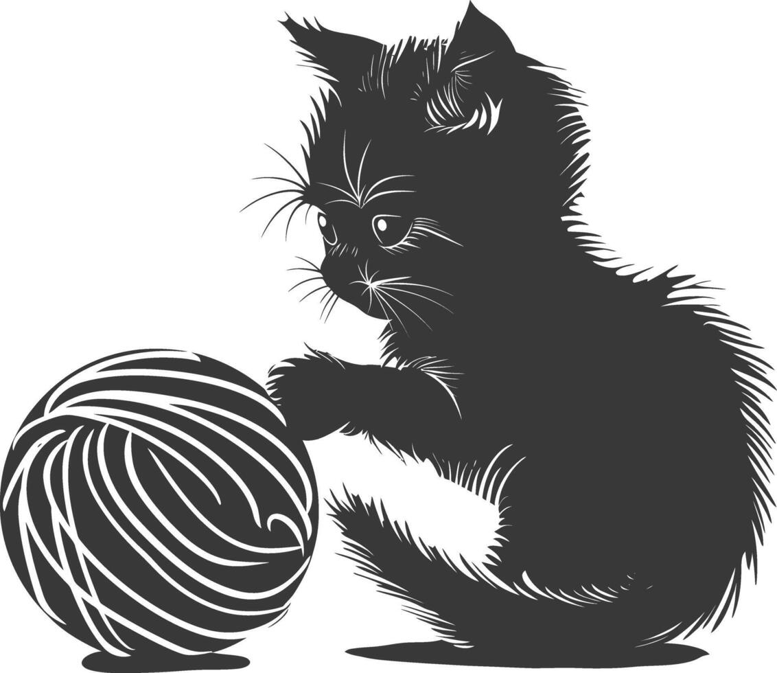 Silhouette kitten animal playing woll roll black color only vector