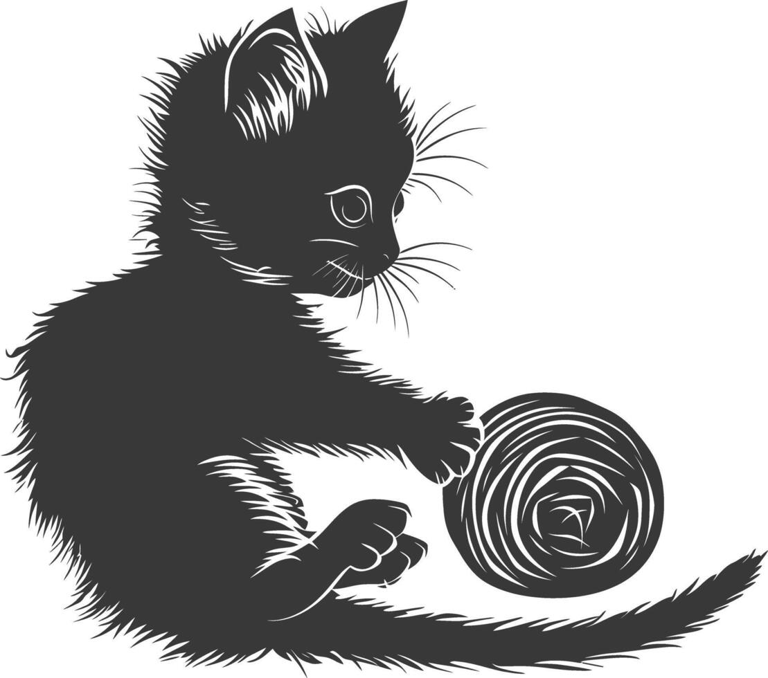 Silhouette kitten animal playing woll roll black color only vector