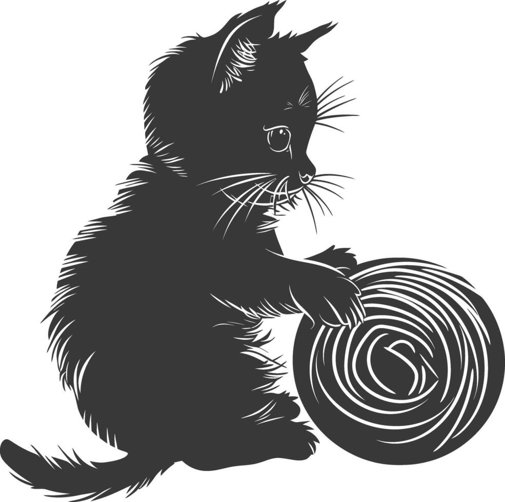 silueta gatito animal jugando lana rodar negro color solamente vector