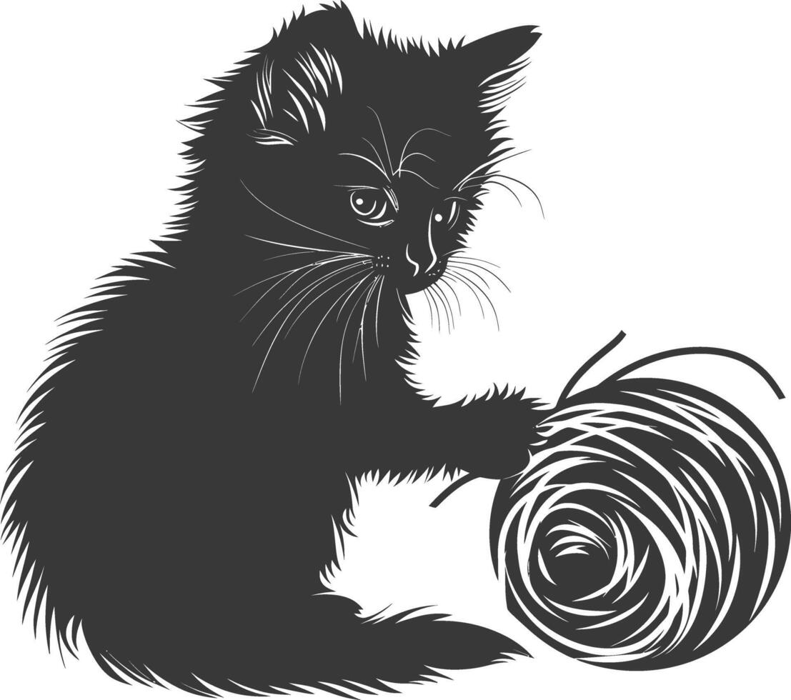 Silhouette kitten animal playing woll roll black color only vector