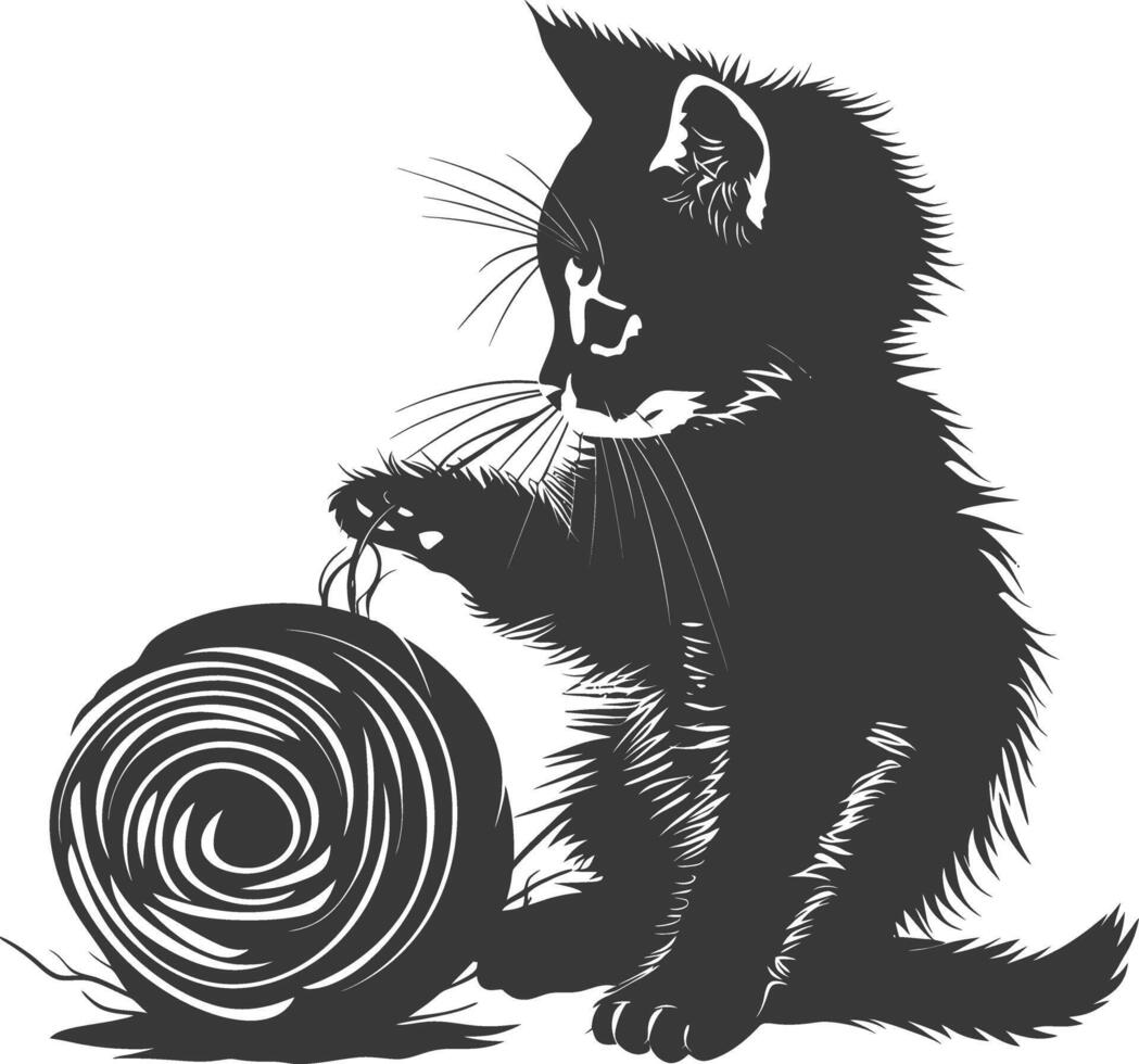 Silhouette kitten animal playing woll roll black color only vector