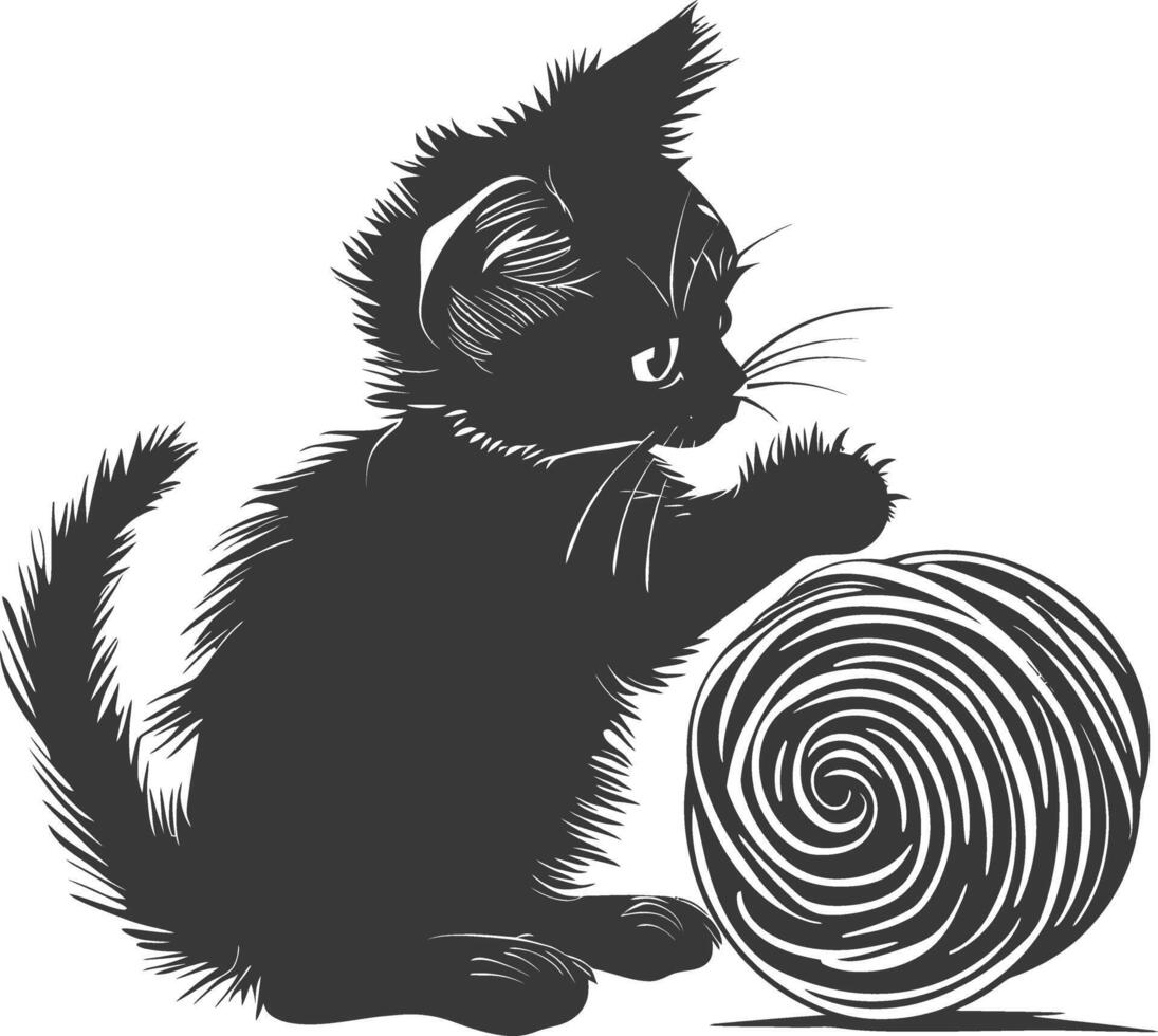 silueta gatito animal jugando lana rodar negro color solamente vector