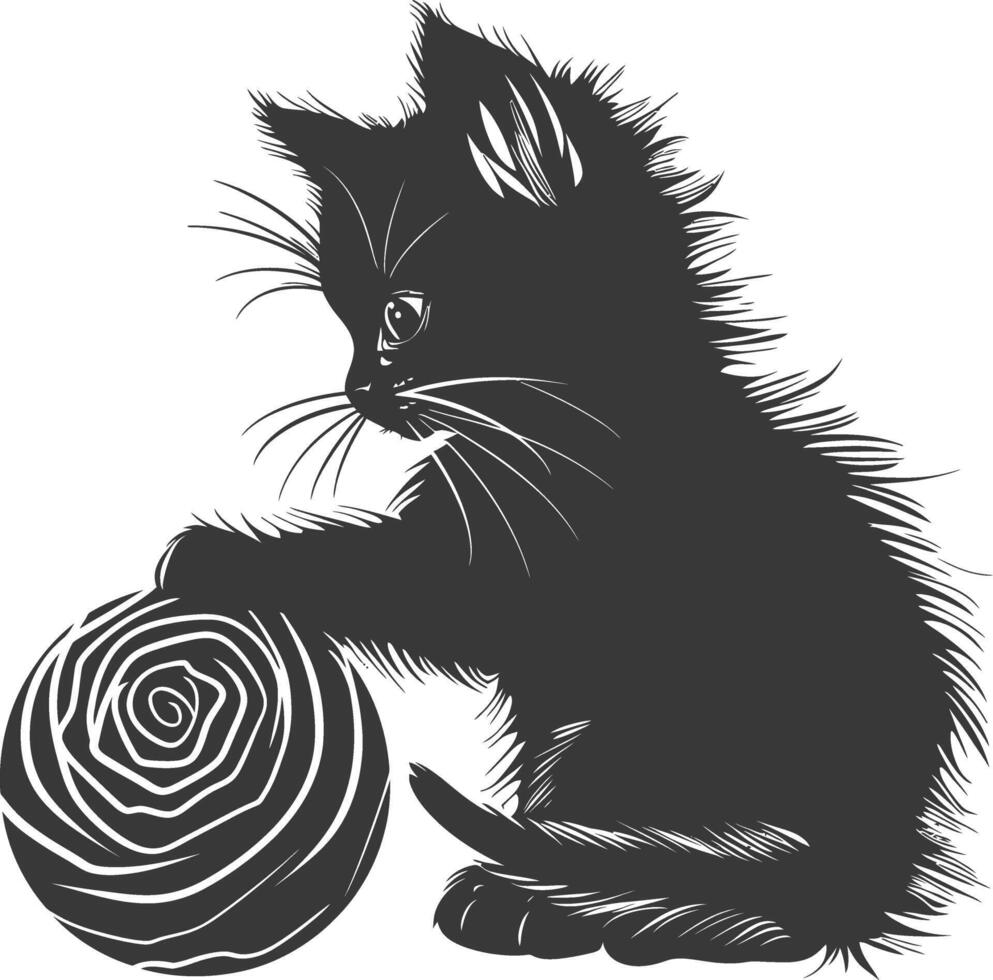 silueta gatito animal jugando lana rodar negro color solamente vector