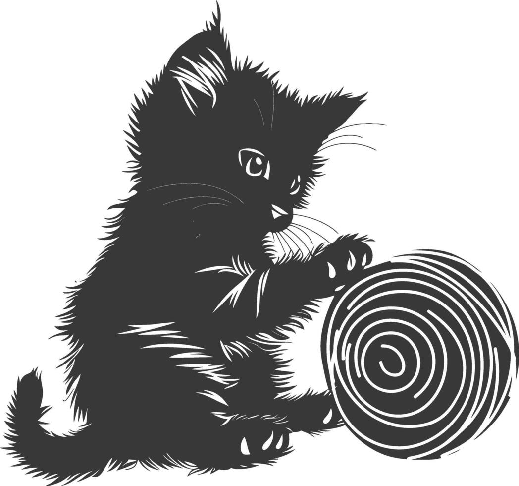 Silhouette kitten animal playing woll roll black color only vector