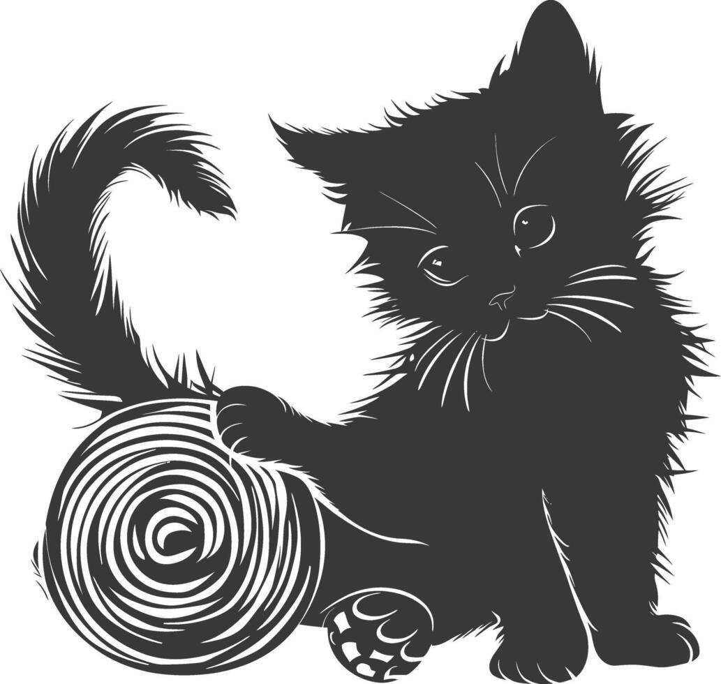 silueta gatito animal jugando lana rodar negro color solamente vector