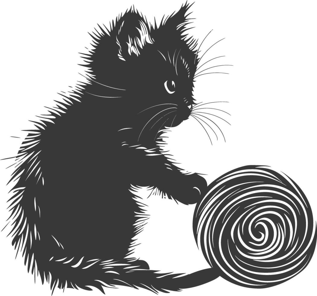 Silhouette kitten animal playing woll roll black color only vector