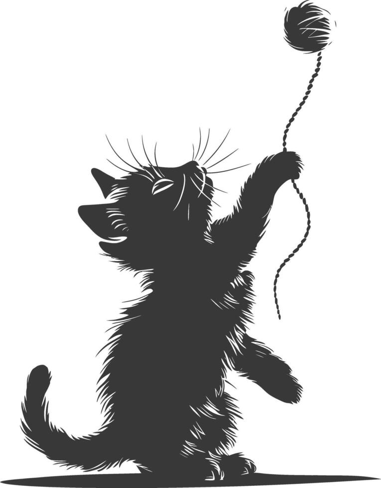 Silhouette kitten animal playing woll roll black color only vector