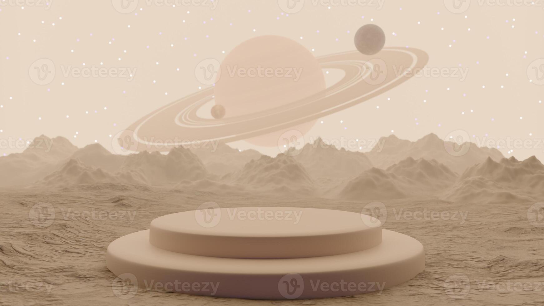 Abstract composition galaxy space podium for product presentation, yellow sand, white background. 3D illustration render. photo