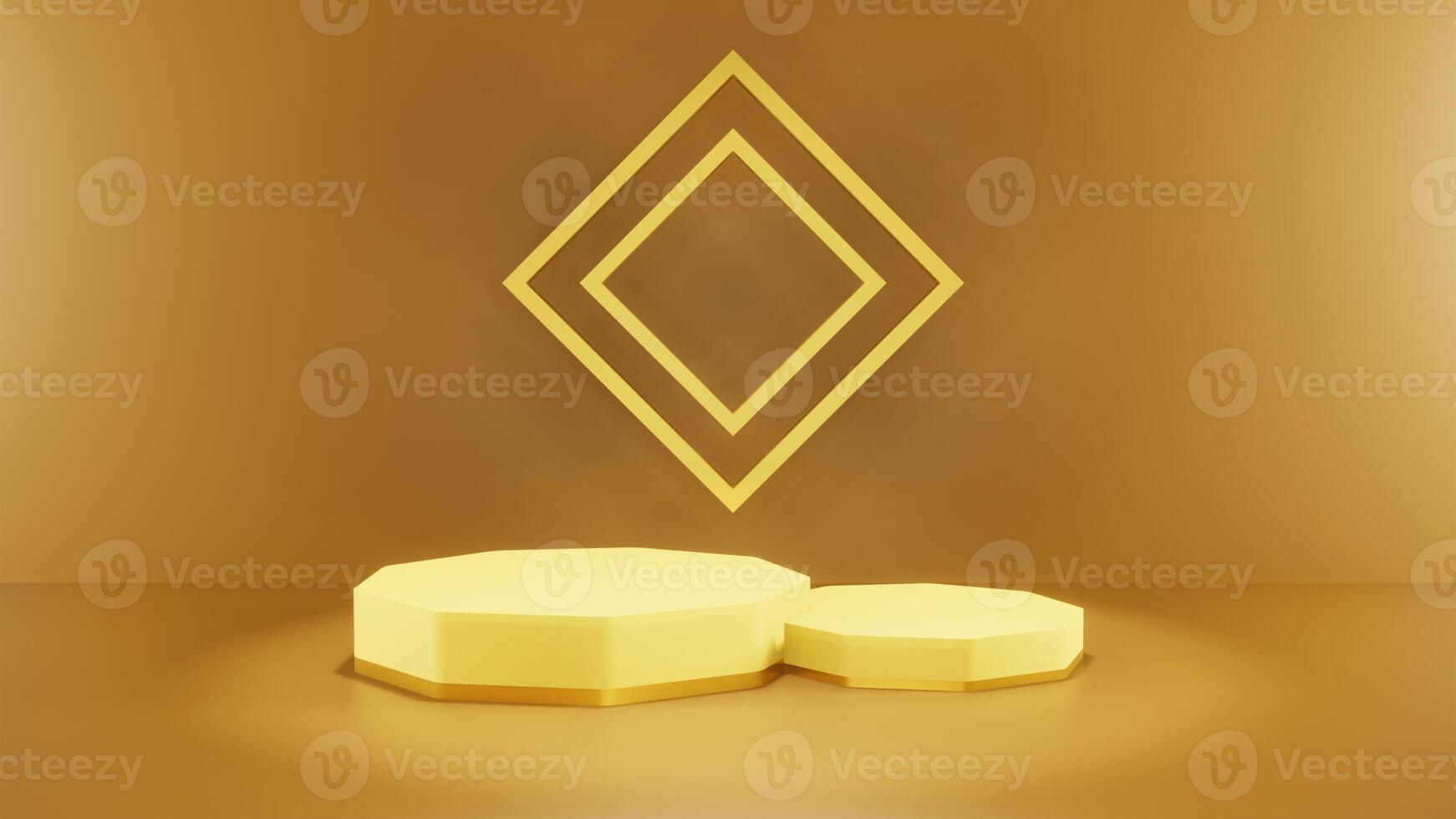 Abstract 3D podium with lighting gold color on a yellow background. Podium stage for an award ceremony or performance by an artist. Stock 3D redering illustration. photo