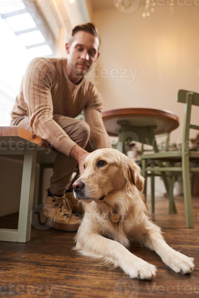 A dog friendly cafe concept. Handsome man, golden retriever owner sits in a cafe with his pet, drinks coffee and enjoys the day photo