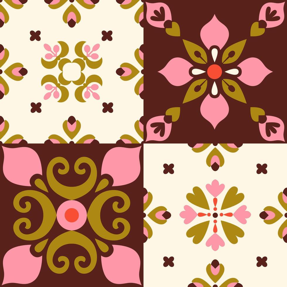 resumen retro geométrico sin costura modelo. moderno floral losas, bloques labor de retazos, mosaico. fondo, digital papel, envase papel. vector