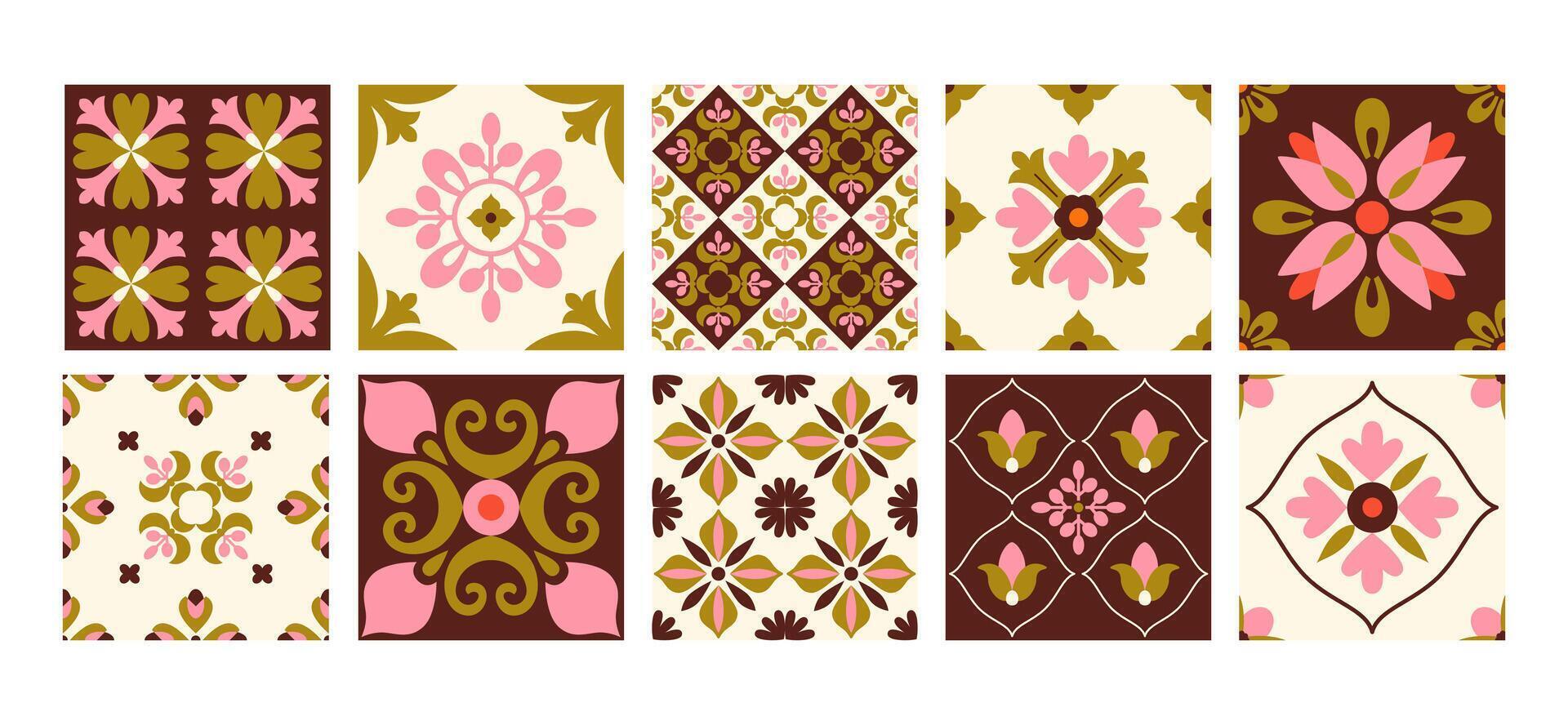 Modern abstract geometric tiles. Retro floral blocks. Patchwork, mosaic, arabesque. Background, backdrop. vector